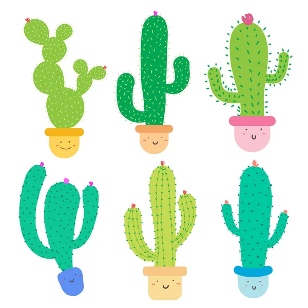 Schattige Cactus Plant Met Gelukkige Gezichten Potten Kawaii Cactus Voor — Stockvector