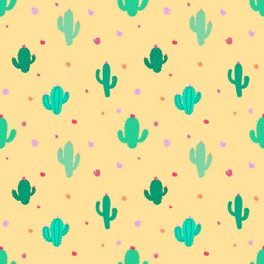 Sevimli dikişsiz kaktüs desenli arka plan. Hediye paketi tasarımı için vektör illüstrasyonları.