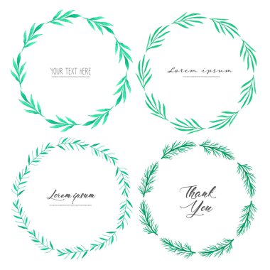 Yaprakları suluboya daire çerçeve, yaprakları suluboya ile Minimalist vektör çerçeve, Botanik kompozisyon, düğün kartı için dekoratif unsur, Davetiyeler Vektör illüstrasyon.