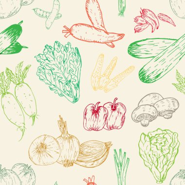El çizilmiş sebze arka plan ile Dikişsiz desen. Organik otlar ve baharatlar. Sağlıklı gıda çizimleri desen vektör illüstrasyon.