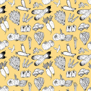 El çizilmiş sebze arka plan ile Dikişsiz desen. Organik otlar ve baharatlar. Sağlıklı gıda çizimleri desen vektör illüstrasyon.