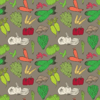 El çizilmiş sebze arka plan ile Dikişsiz desen. Organik otlar ve baharatlar. Sağlıklı gıda çizimleri desen vektör illüstrasyon.