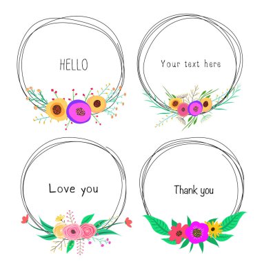 Dekorasyon için çiçek ile güzel yuvarlak çerçeveler ayarlayın. Düğün kartı için dekoratif unsur. Davetiyeler Vektör illüstrasyon.