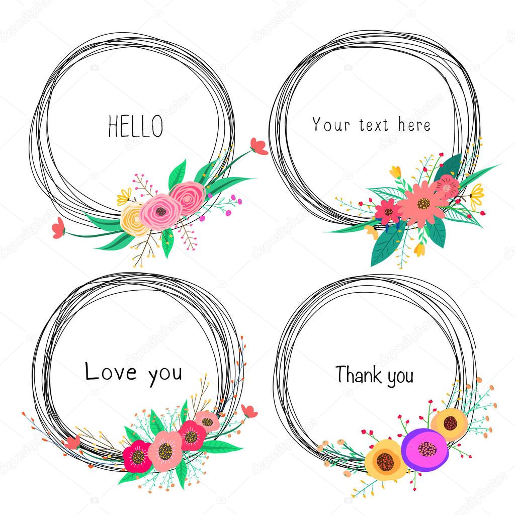 Set of beautiful round frames with flower for decoration. Decorative element for wedding card. Invitations Vector illustration.