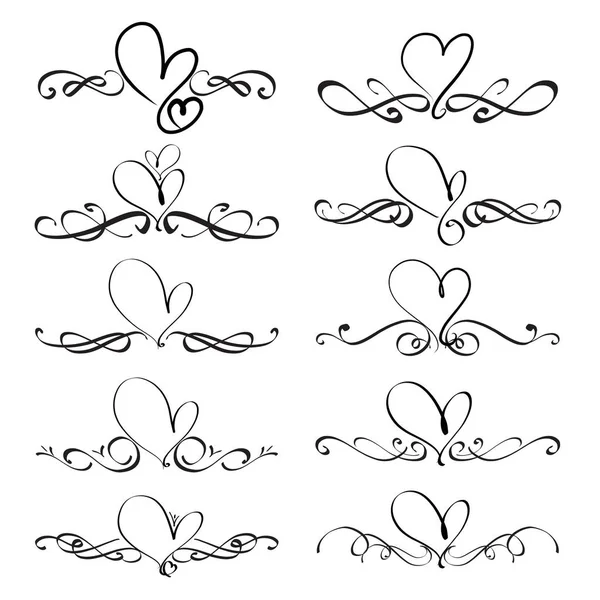 Set Heart Decorative Calligraphic Elements Decoration Handmade Vector Illustration — Stock Vector