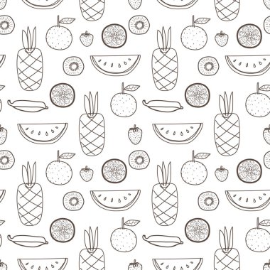 Kusursuz bir desen ve meyve arkaplanı. Hediye paketi tasarımı için vektör illüstrasyonları.