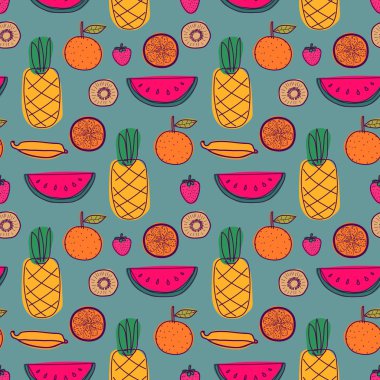 Kusursuz bir desen ve meyve arkaplanı. Hediye paketi tasarımı için vektör illüstrasyonları.