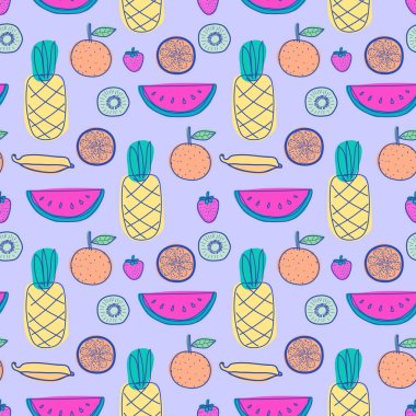 Kusursuz bir desen ve meyve arkaplanı. Hediye paketi tasarımı için vektör illüstrasyonları.