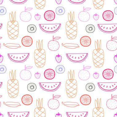 Kusursuz bir desen ve meyve arkaplanı. Hediye paketi tasarımı için vektör illüstrasyonları.