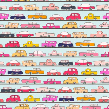 Araba doodle desen arka plan ile dikişsiz desen. Hediye paketi tasarımı için vektör çizimleri.