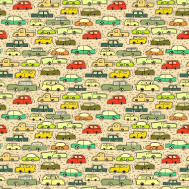 Araba doodle desen arka plan ile dikişsiz desen. Hediye paketi tasarımı için vektör çizimleri.