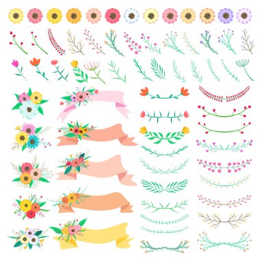 Çiçek eleman seti. Vektör dekoratif çiçek ve yaprak. Yay elemanları.