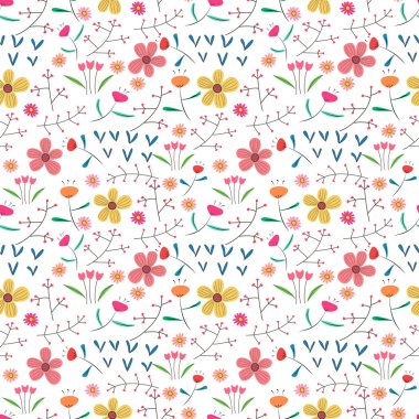 Çiçekler ve yapraklar ile dikişsiz desen arka plan. Kumaş ve hediye sargı tasarımı için vektör illüstrasyon.