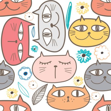 Sevimli kedi sorunsuz desen arka plan. Kumaş ve hediye sargı tasarımı için vektör illüstrasyon.