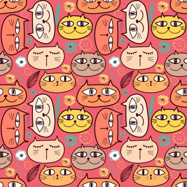 Sevimli kedi sorunsuz desen arka plan. Kumaş ve hediye sargı tasarımı için vektör illüstrasyon.