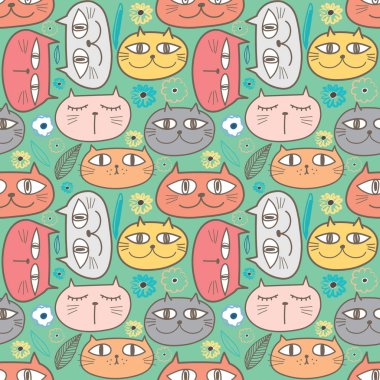 Sevimli kedi sorunsuz desen arka plan. Kumaş ve hediye sargı tasarımı için vektör illüstrasyon.