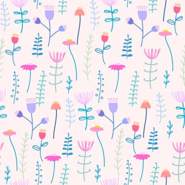 Çiçekler ve yapraklar ile dikişsiz desen arka plan. Kumaş ve hediye sargı tasarımı için vektör illüstrasyon.