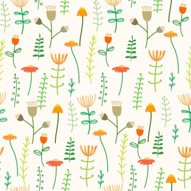 Çiçekler ve yapraklar ile dikişsiz desen arka plan. Kumaş ve hediye sargı tasarımı için vektör illüstrasyon.