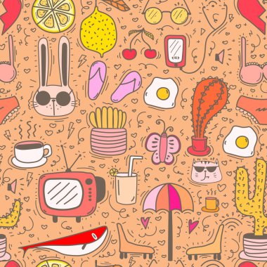 Çocuk için Doodle Karikatür Sorunsuz Desen Arka Plan. Kumaş ve hediye sarıcı kağıt tasarımı için vektör illüstrasyon.