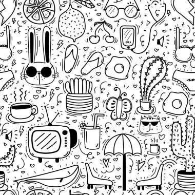 Çocuk için Doodle Karikatür Sorunsuz Desen Arka Plan. Kumaş ve hediye sarıcı kağıt tasarımı için vektör illüstrasyon.