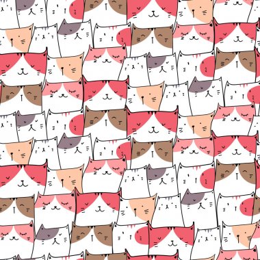 Sevimli kedi sorunsuz desen arka plan. Kumaş ve hediye sarıcı kağıt tasarımı için vektör illüstrasyon.