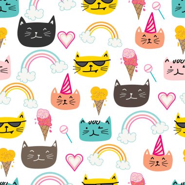 Mutlu kedi sorunsuz desen arka plan. Vektör çizimi.