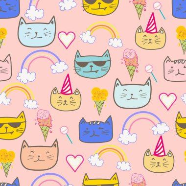 Mutlu kedi sorunsuz desen arka plan. Vektör çizimi.