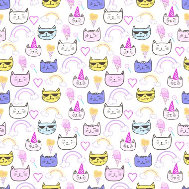 Mutlu kedi sorunsuz desen arka plan. Vektör çizimi.