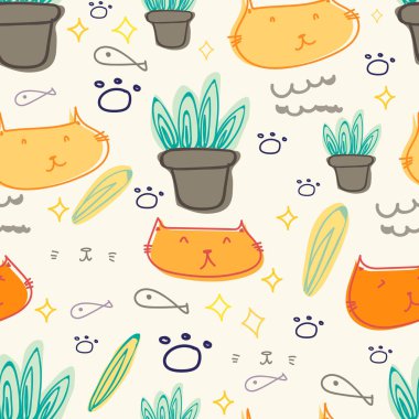Sevimli kedi sorunsuz desen arka plan. Vektör çizimi.