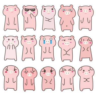 Tatlı domuz karakter dizaynı seti. Vektör illüstrasyonu.