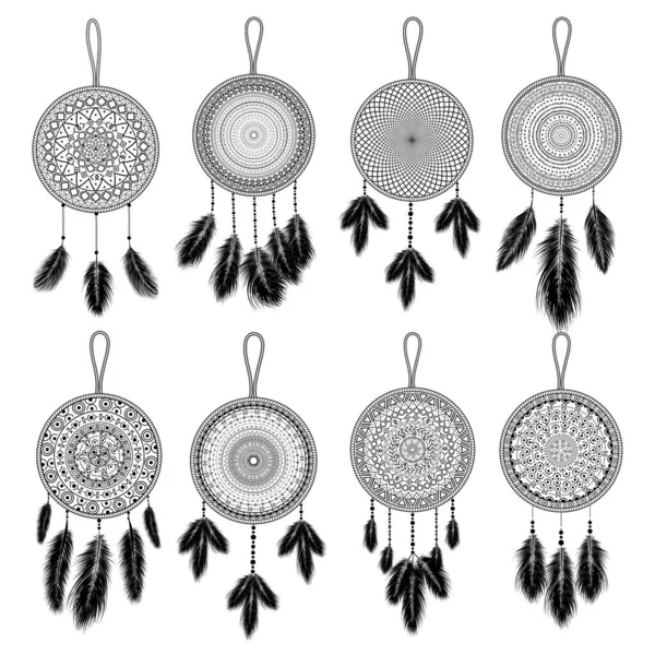 Mão Desenhado Indiana Dreamcatcher Com Penas Ilustração Vetorial Design Étnico —  Vetores de Stock