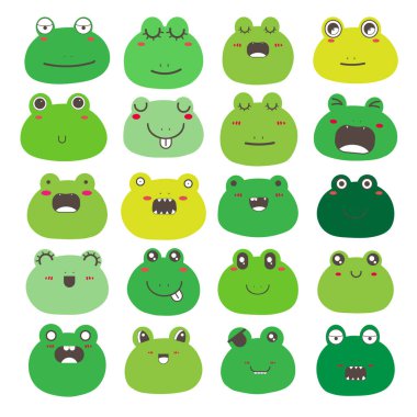 Kurbağa suratlı emoticonlar, sevimli kurbağa karakter dizaynı. Vektör illüstrasyonu.