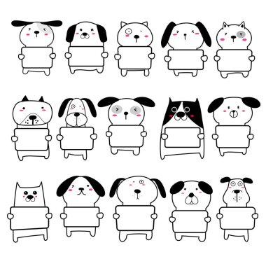 Reklam panosu tasarımı yapan sevimli bir köpek takımı. Vektör illüstrasyonu.