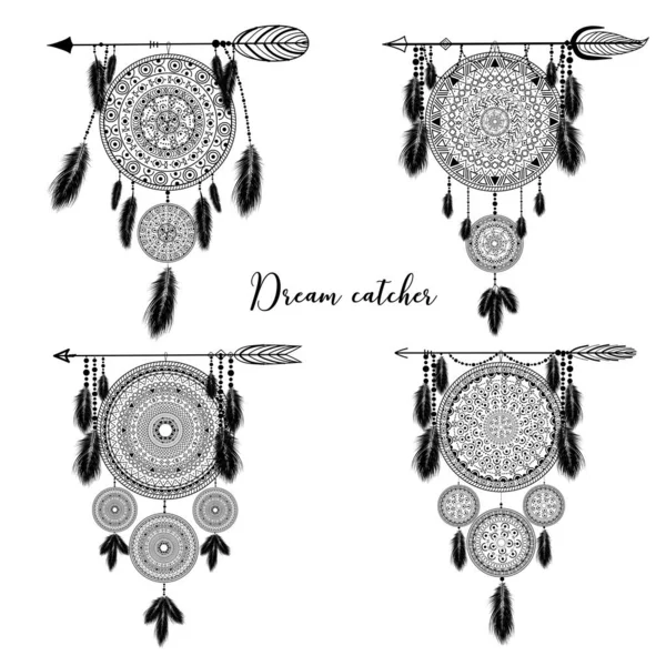 Hand Drawn Indian Dreamcatcher Feathers Vector Illustration Ethnic Design Boho — Stok Vektör