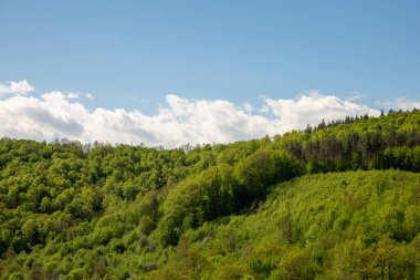 Manzaralı yeşil yuvarlanan tepeler mavi gökyüzüne karşı bulutlarla.
