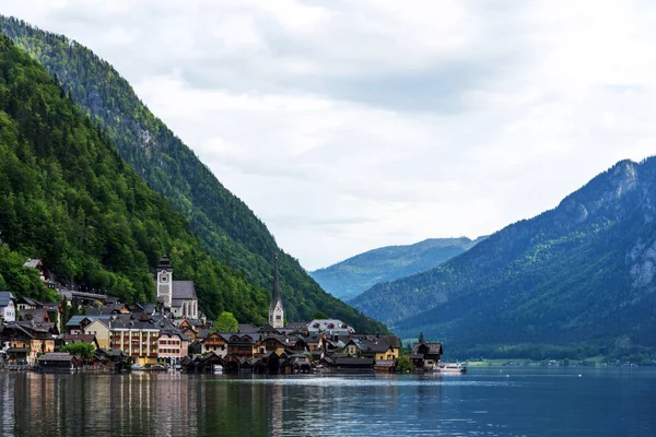 Vista Panorámica Postal Del Famoso Hallstatt Los Alpes Austríacos Mañana — Foto de Stock