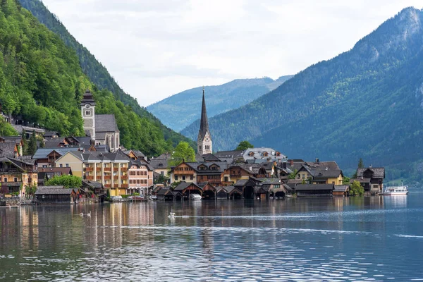 Vista Panorámica Postal Del Famoso Hallstatt Los Alpes Austríacos Mañana — Foto de Stock