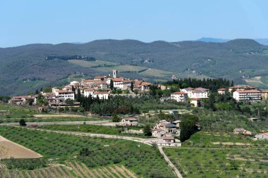 Panoramik manzarasına Radda In Chianti Eyaleti Siena, Toskana, İtalya