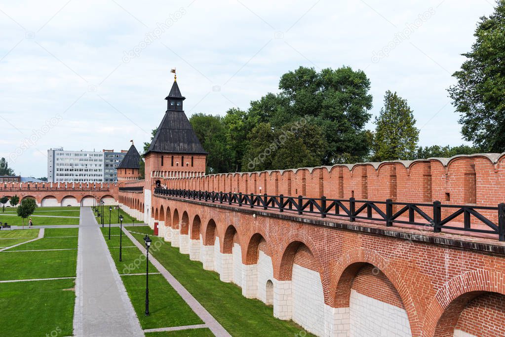 The Tower of the Ivanovo Gates and the Ivanovo Tower, the towers of the Tula Kremlin. Tula, Russia. Panoramic view in summer