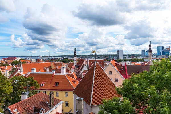 Aerial panoramic cityscape beautiful view of Old Town in Tallinn in summer, Estonia.