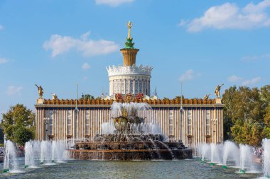 Moskova, Rusya - 22 Eylül 2018: Pavilion No 58 tarım, eski Ukrayna SSC ve VDKNh taş çiçek çeşmede.