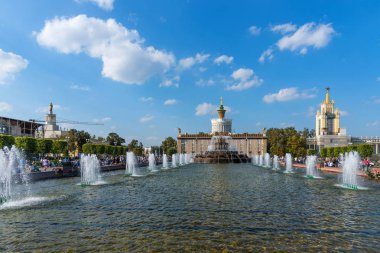 Moskova, Rusya - 22 Eylül 2018: Pavilion No 58 tarım, eski Ukrayna SSC ve VDKNh taş çiçek çeşmede.