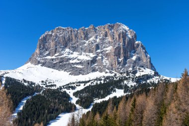 South Tyrol Dolomites ilkbaharda Sassolungo Langkofel güzel bir görünüm. İtalya.