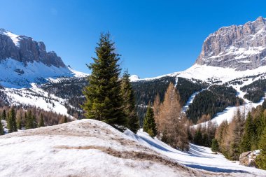 South Tyrol Dolomites ilkbaharda Sassolungo Langkofel güzel bir görünüm. İtalya.