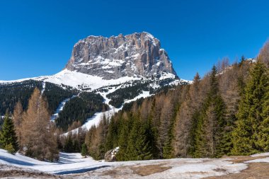 South Tyrol Dolomites ilkbaharda Sassolungo Langkofel güzel bir görünüm. İtalya.
