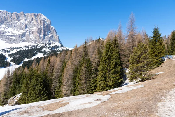 Gyönyörű kilátással a dél-tiroli Dolomitok tavaszán a Sassolungo Langkofel. Olaszország. — Stock Fotó