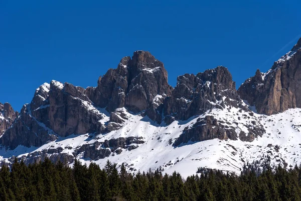 Panorámás kilátás nyílik a Dolomitok-erdő és a hegyek ellen a kék ég, tavasszal, Dél-Tirol, Olaszország — Stock Fotó