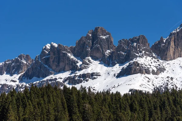 Vista panorámica de los Dolomitas con bosque y montañas contra el cielo azul en primavera, Tirol del Sur, Italia —  Fotos de Stock