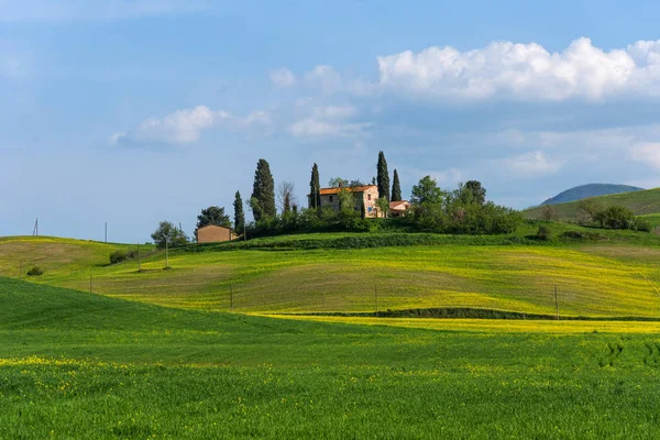 Όμορφο αγρόκτημα αγροτικό τοπίο, κυπαρίσσια και πολύχρωμα ανοιξιάτικα λουλούδια σε Τοσκάνη, Ιταλία. Τυπικό αγροτικό σπίτι. — Φωτογραφία Αρχείου