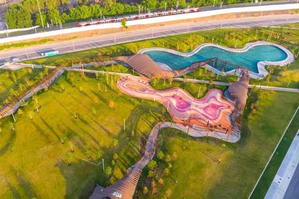 Top view on Park Tiufielieva Roshcha ZILART - a new city park in the south of Moscow, located in the Danilovsky district of Moscow, Russia.